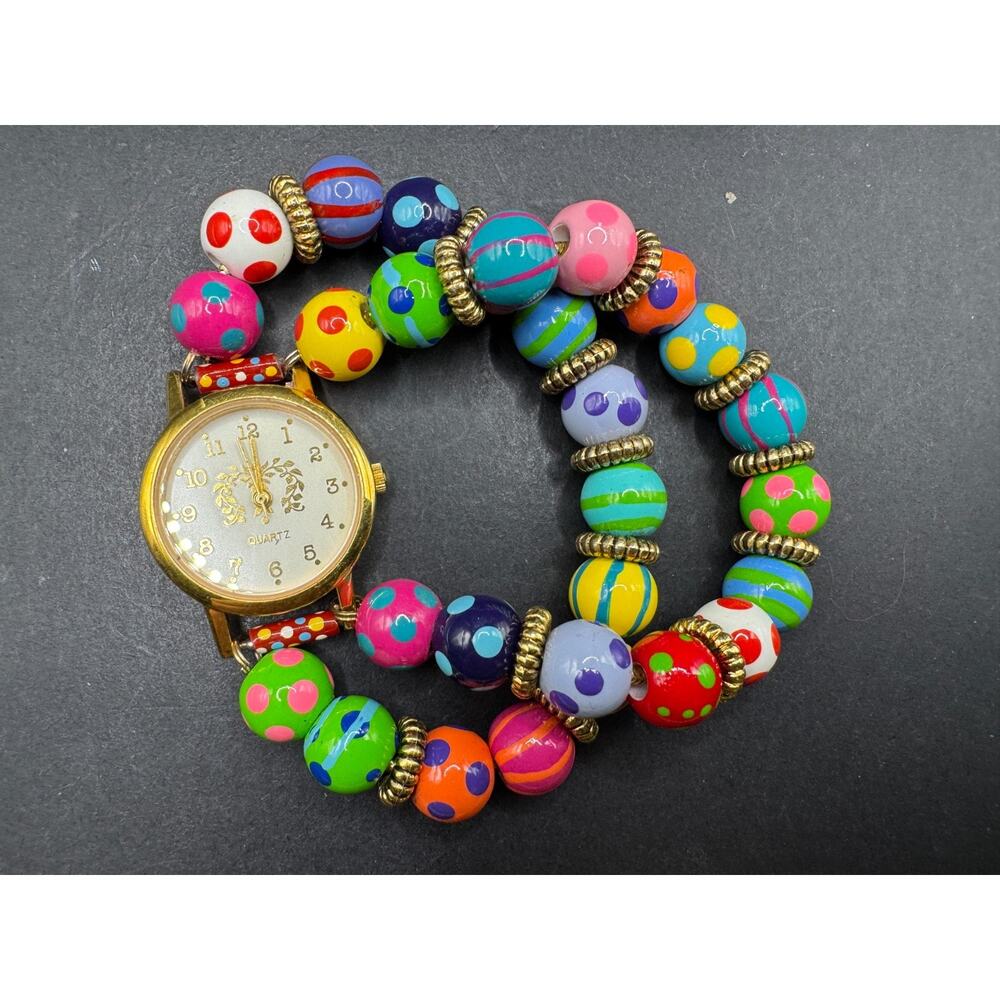 Angela Moore Gold Tone Quartz Watch Colorful Painted Beads Elastic Band